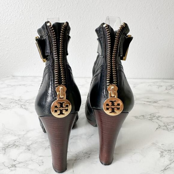 Tory Burch Melrose Black Leather Goldtone Buckle Zipper Bootie Women’s Size 6.5 - Picture 8 of 13